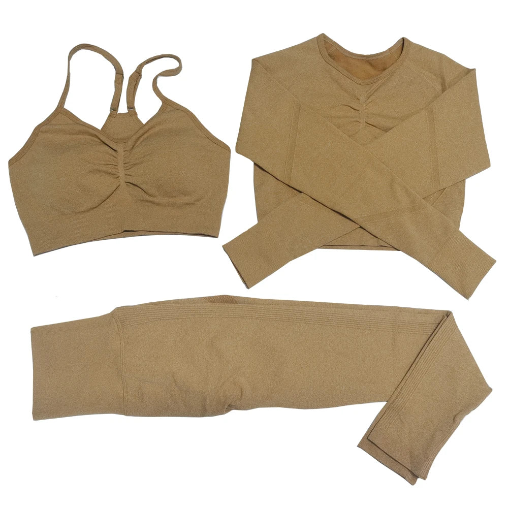 Seamless Women Gym Set Long Sleeve Top Belly Control High Waist