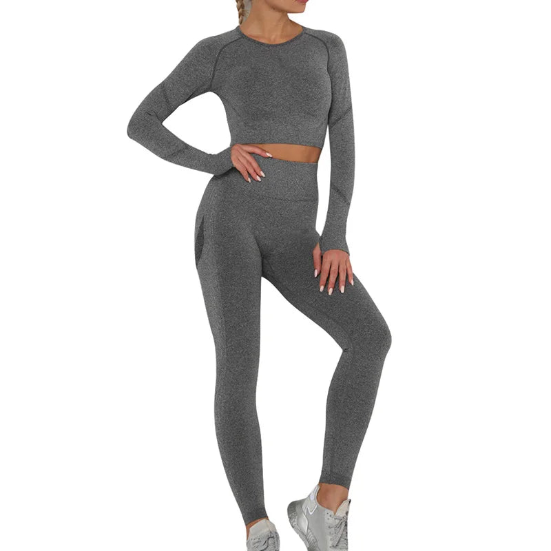 Seamless Women Gym Set Long Sleeve Top Belly Control High Waist